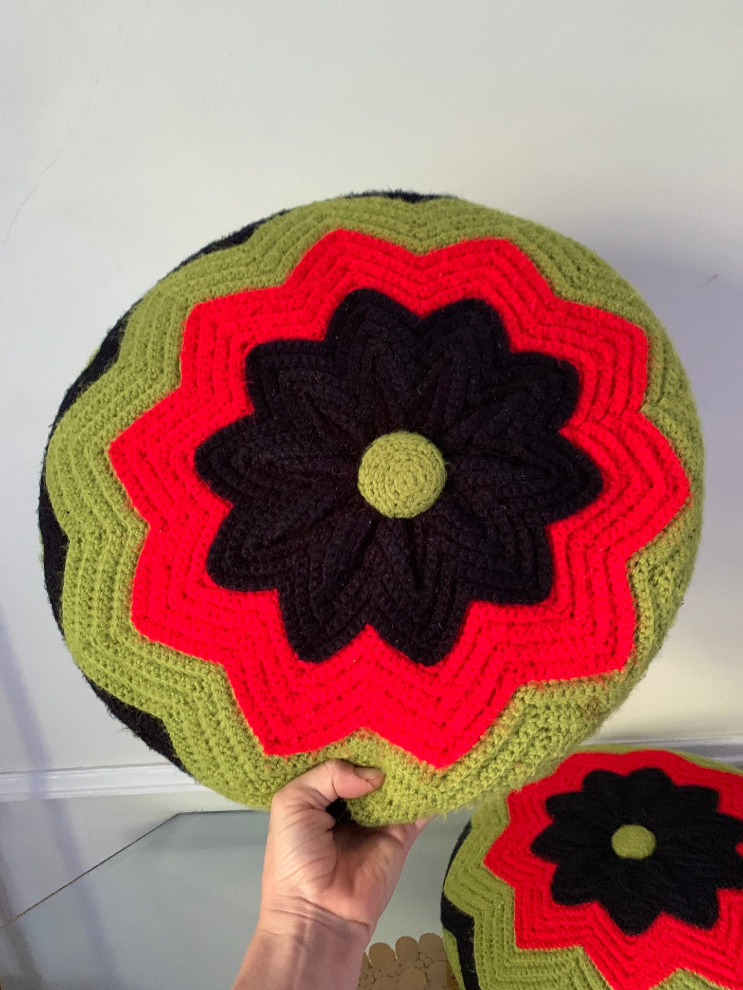 Pair of Round Retro Red Green and Black Retro Knitted Pillows
