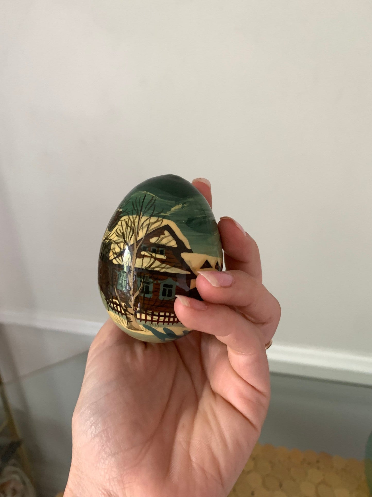 Hand Painted Wooden Egg with a Winter Scene and Brass Stand