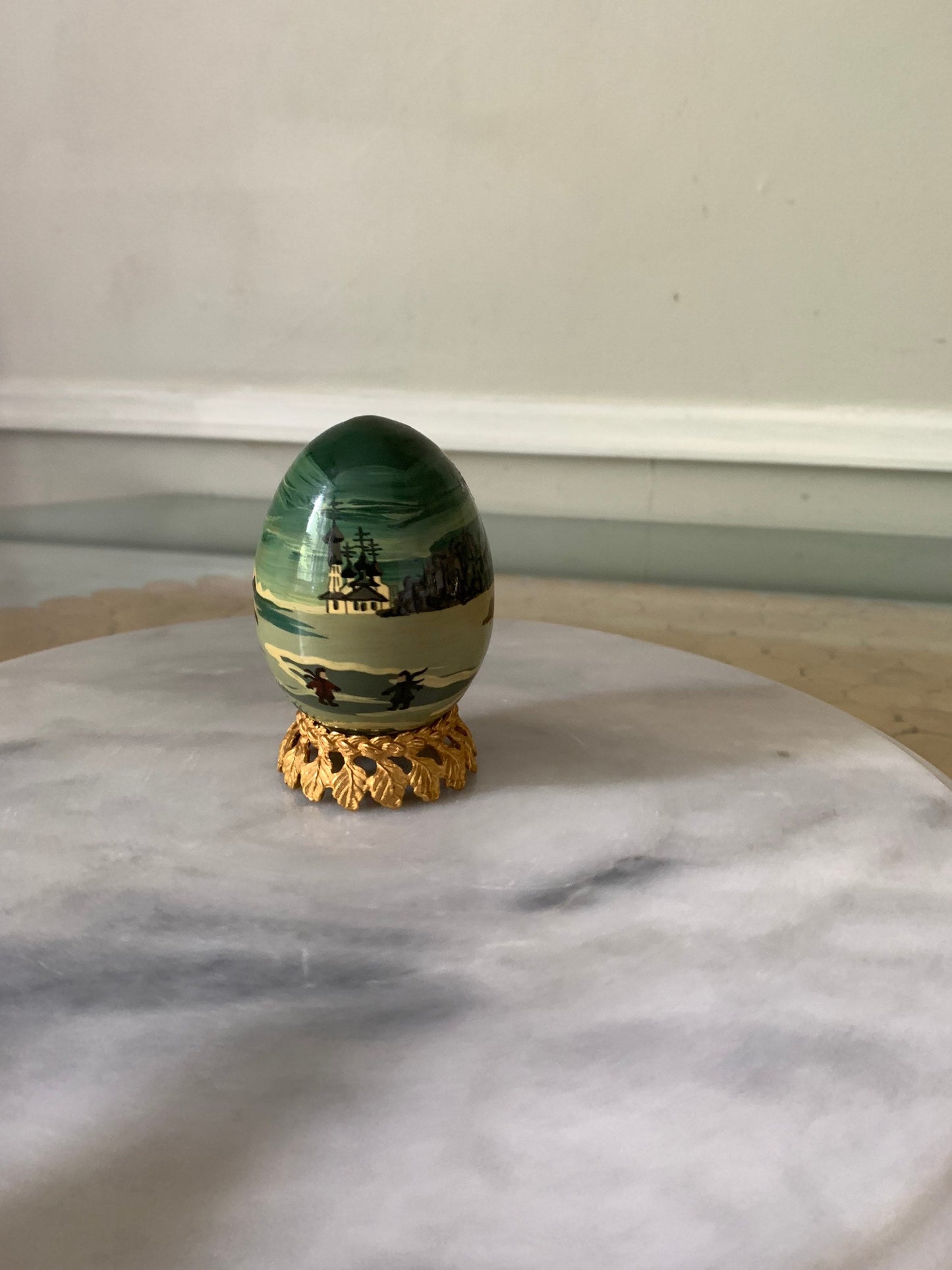 Hand Painted Wooden Egg with a Winter Scene and Brass Stand