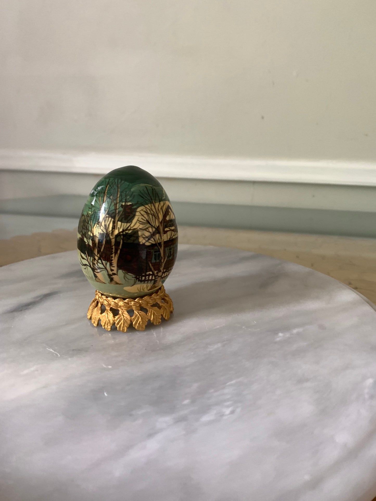 Hand Painted Wooden Egg with a Winter Scene and Brass Stand
