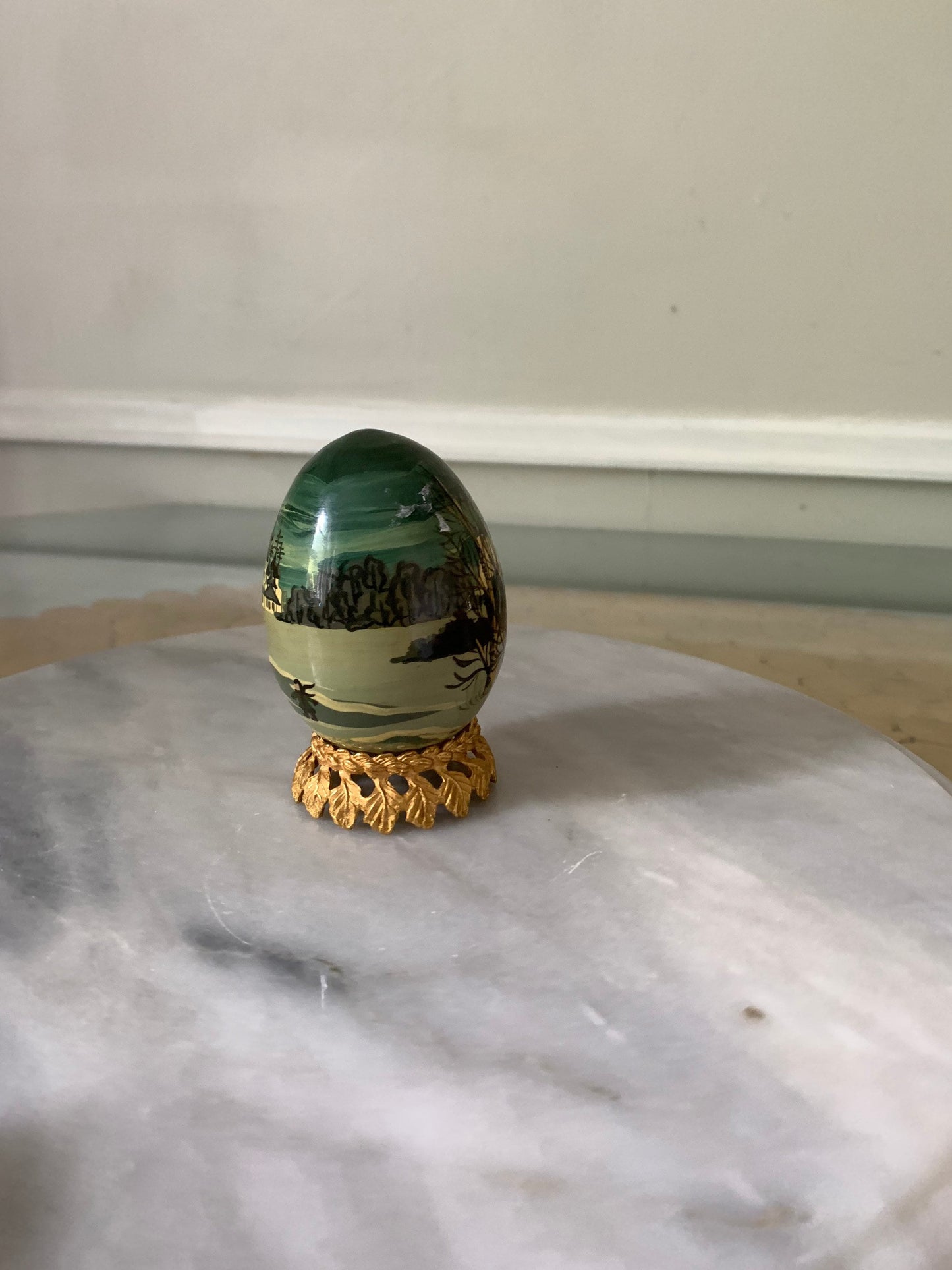 Hand Painted Wooden Egg with a Winter Scene and Brass Stand