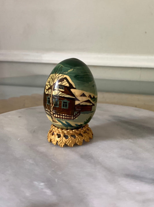 Hand Painted Wooden Egg with a Winter Scene and Brass Stand