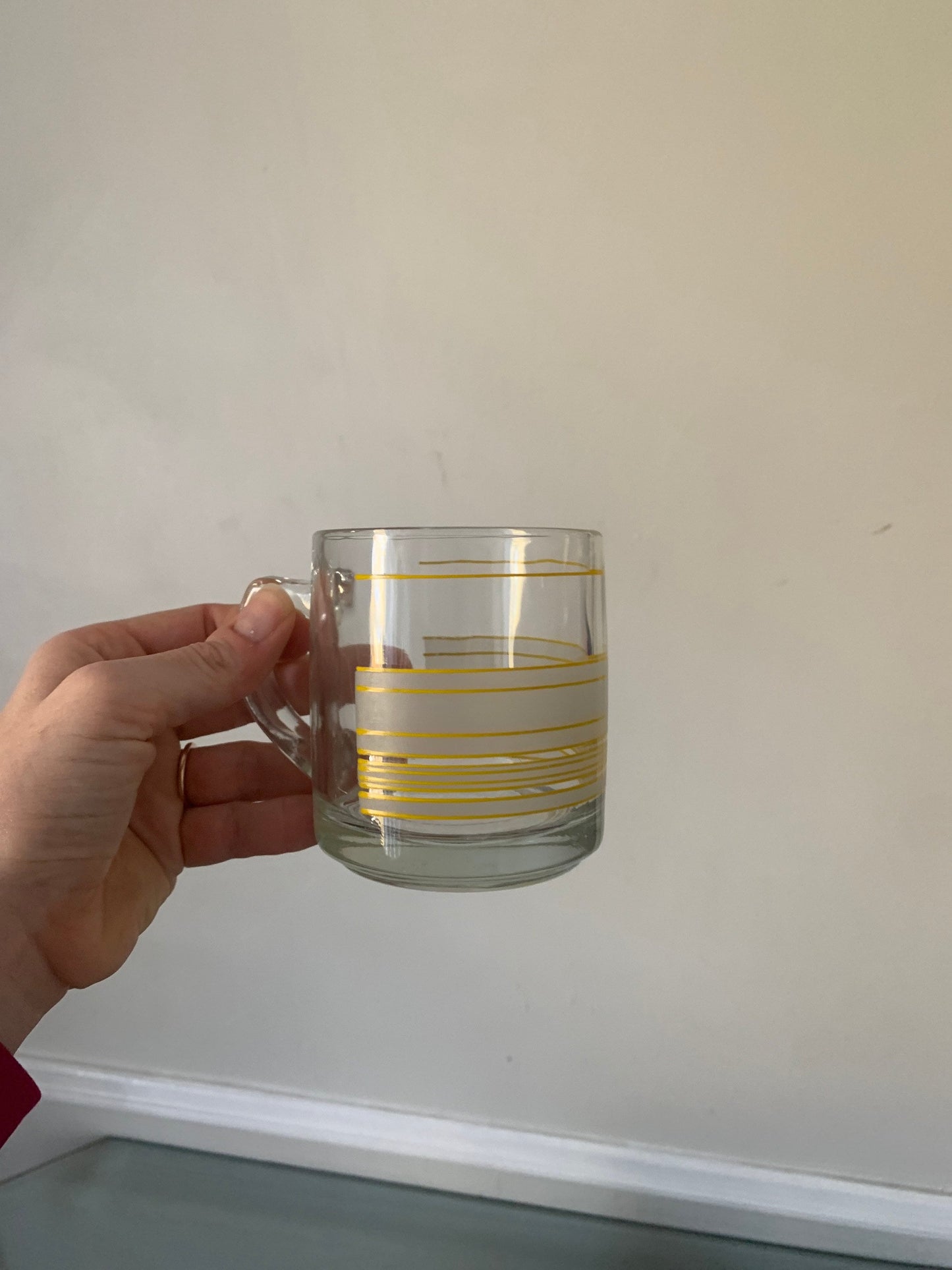 Set of 4 Retro Clear Glass and Frosted Yellow Stripe Mugs Made in Canada