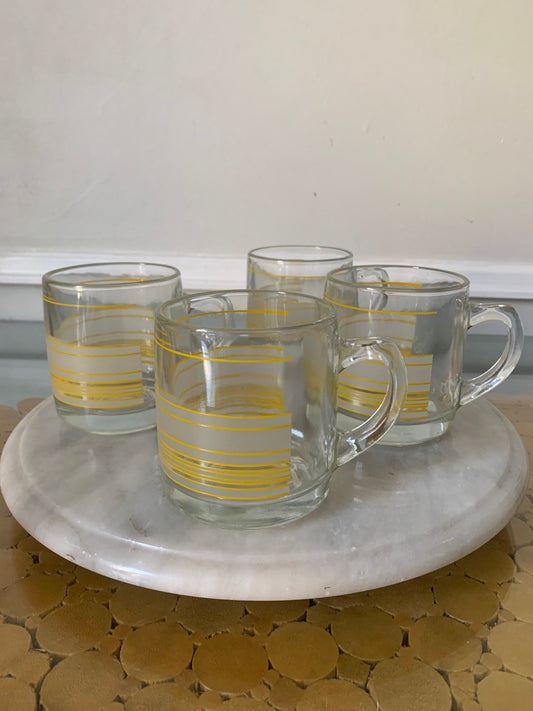 Set of 4 Retro Clear Glass and Frosted Yellow Stripe Mugs Made in Canada