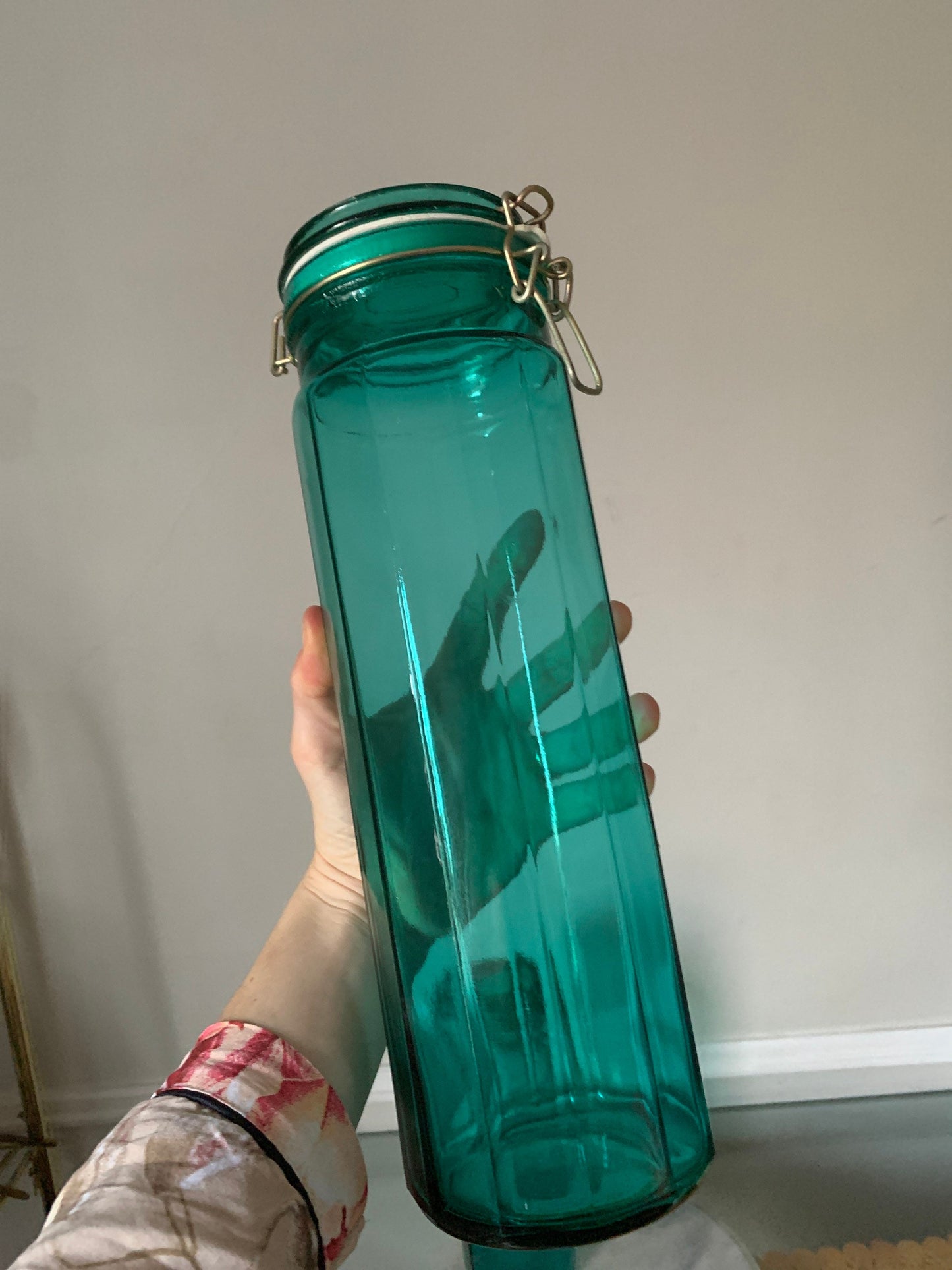 Set of 3  Retro Deep Turquoise Panelled Glass Canisters with Hinged Bail Locking Lids