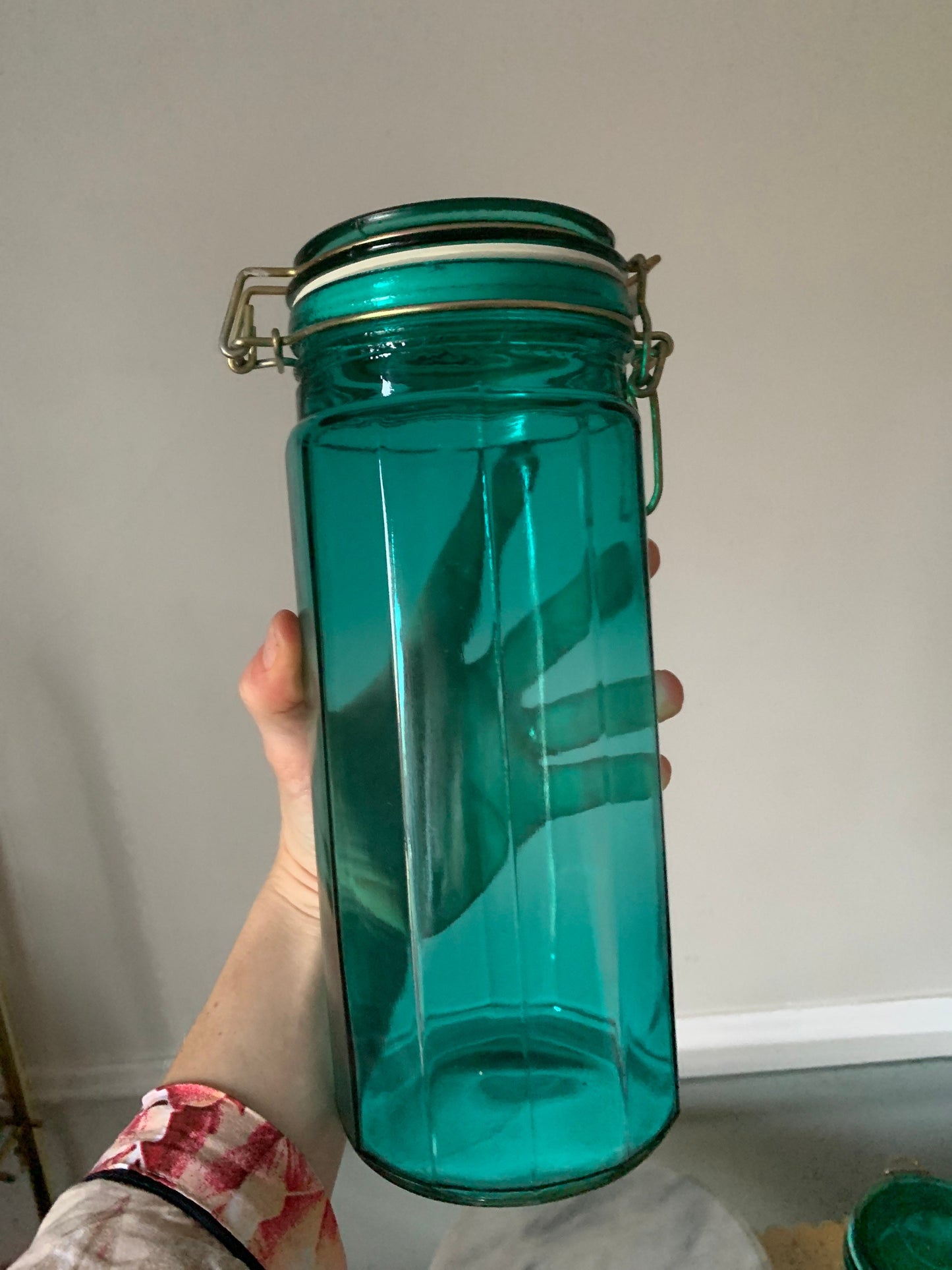 Set of 3  Retro Deep Turquoise Panelled Glass Canisters with Hinged Bail Locking Lids