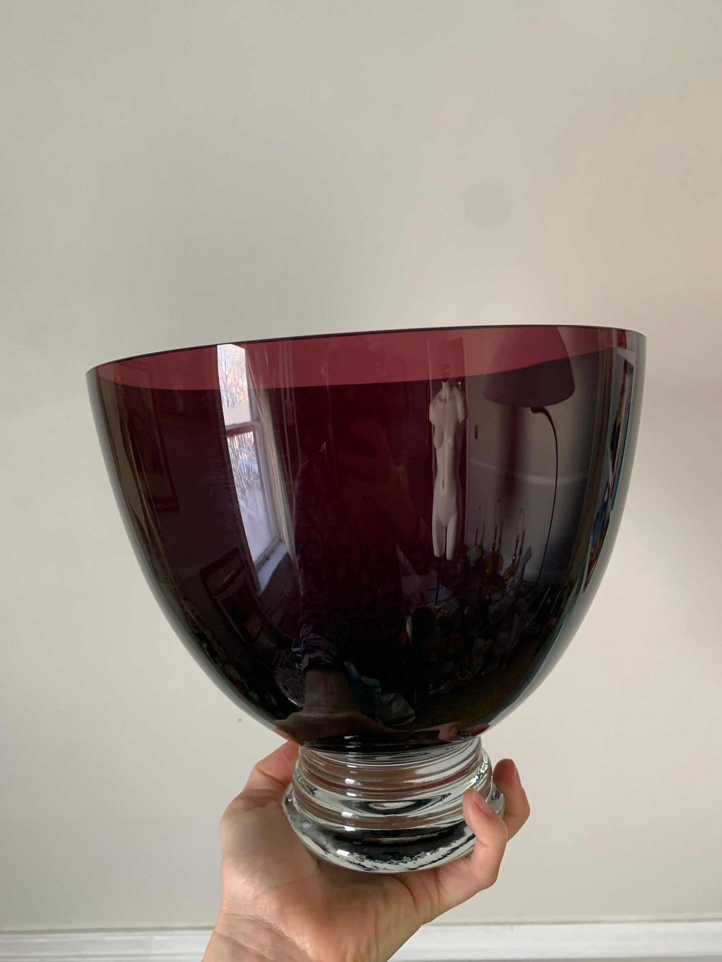 Vintage Heavy Amethyst Glass Bowl with Clear Ribbed Base