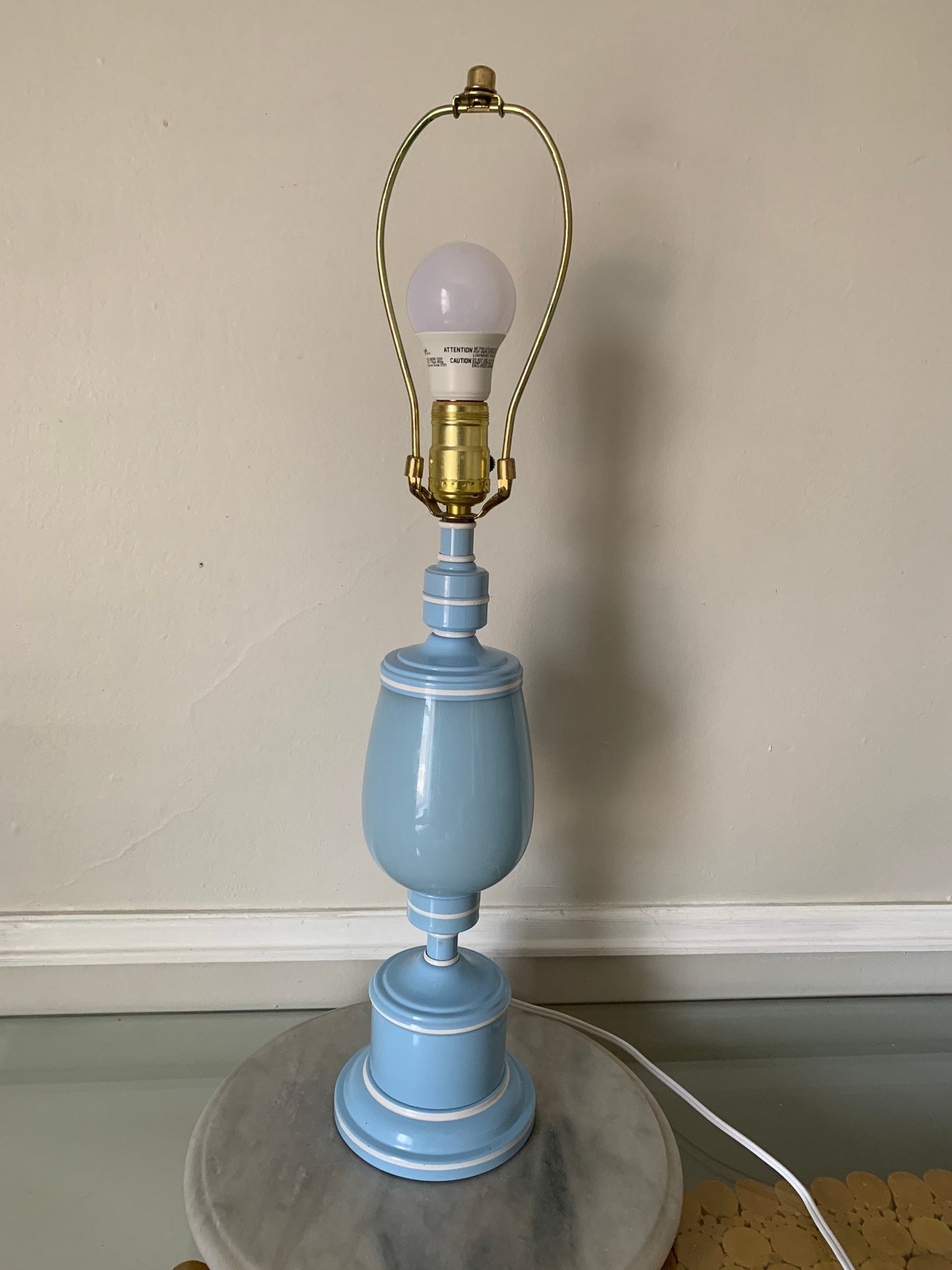 Vintage Medium Baby Blue Metal and Glass Lamp No Shade
