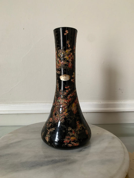 Vintage Black Etched Incrusto Glass Vase with Pink Detailing