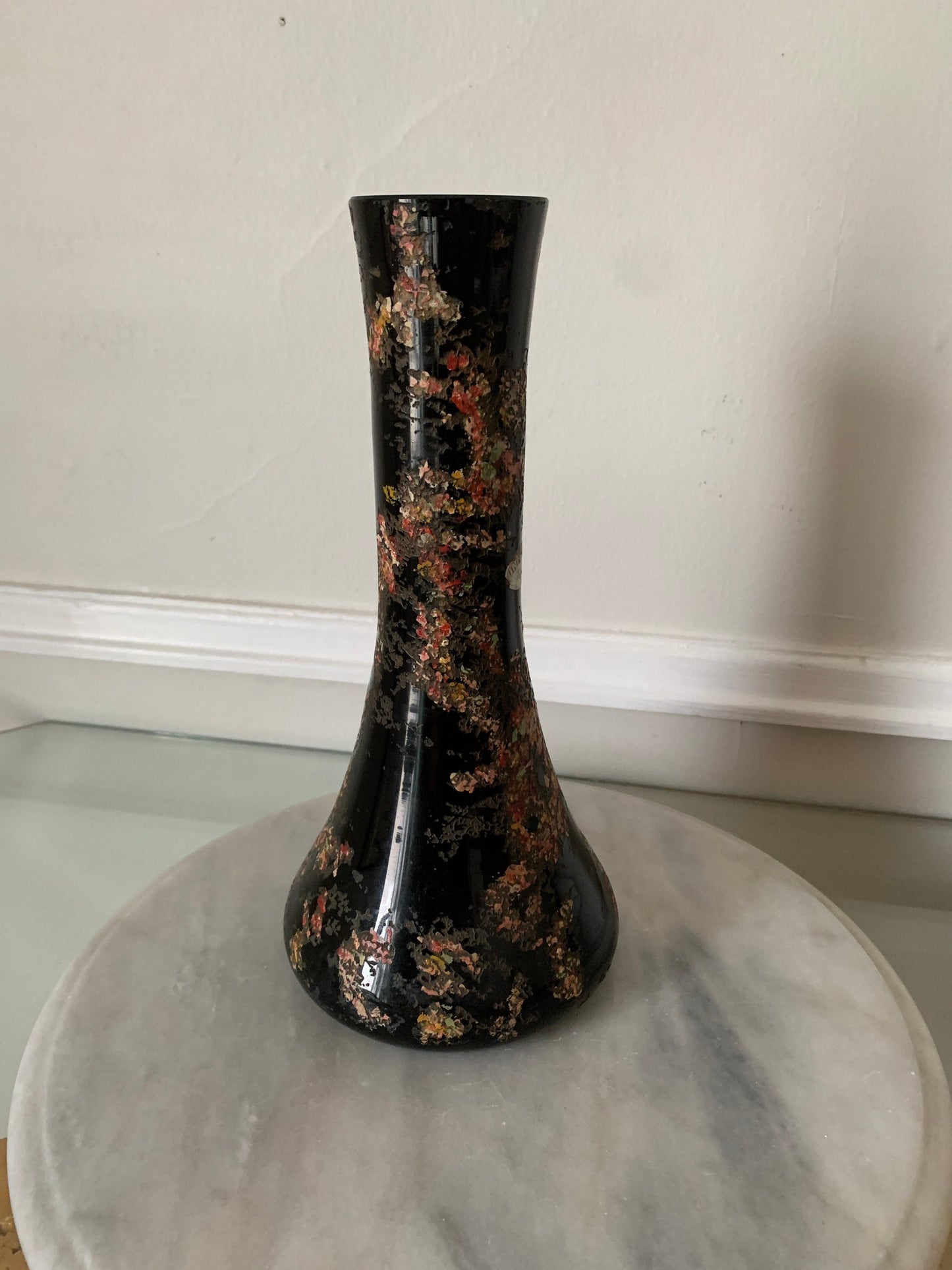 Vintage Black Etched Incrusto Glass Vase with Pink Detailing