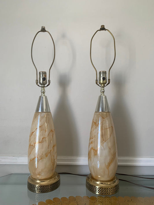 Pair of MCM Iridescent Peach Marble Effect Glass Table Lamps with Honeycomb Pattern Shades not Included