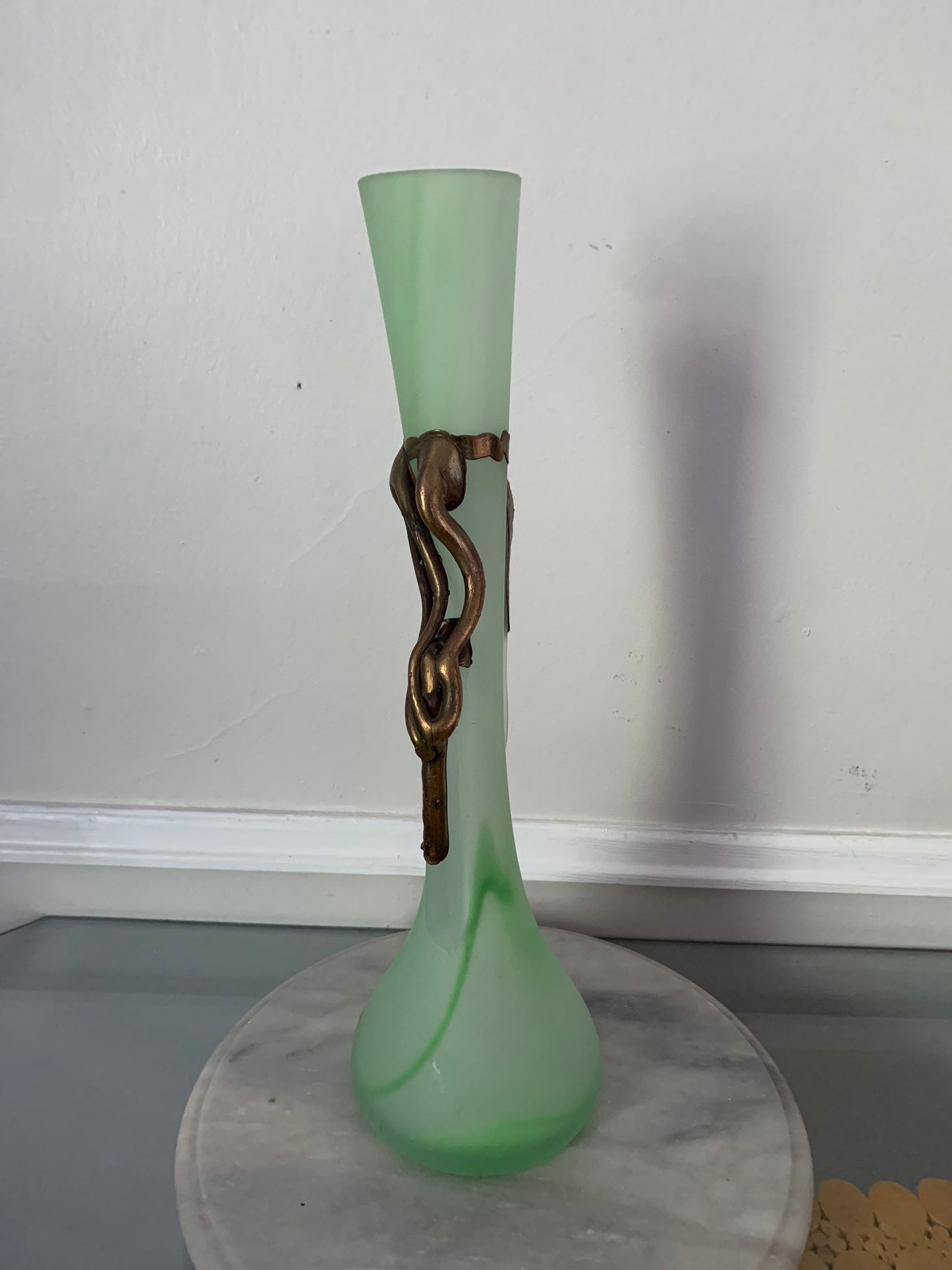 Retro Green Romblast Romanian Mouth Blown Glass Vase with Bronze Detail