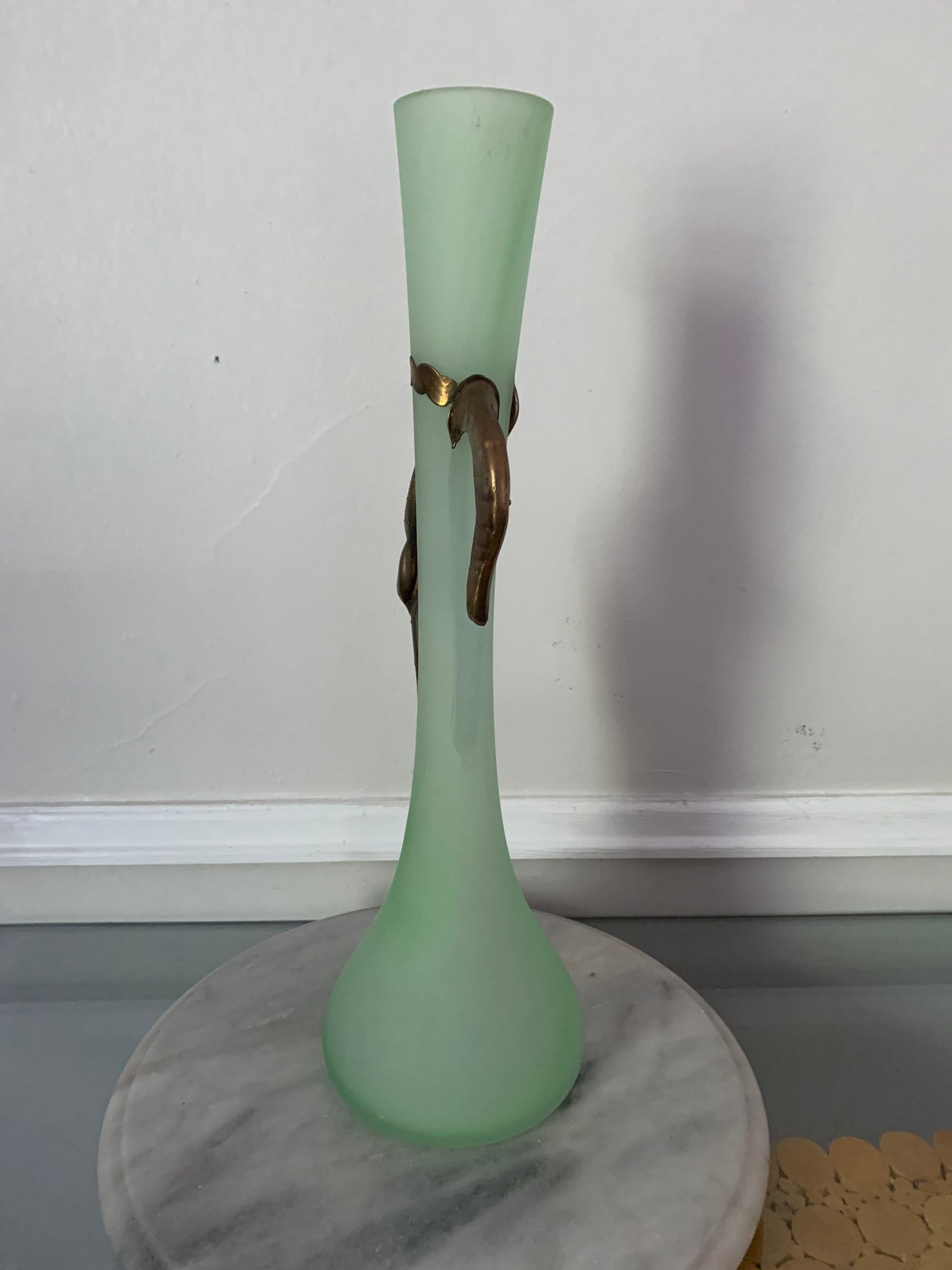 Retro Green Romblast Romanian Mouth Blown Glass Vase with Bronze Detail