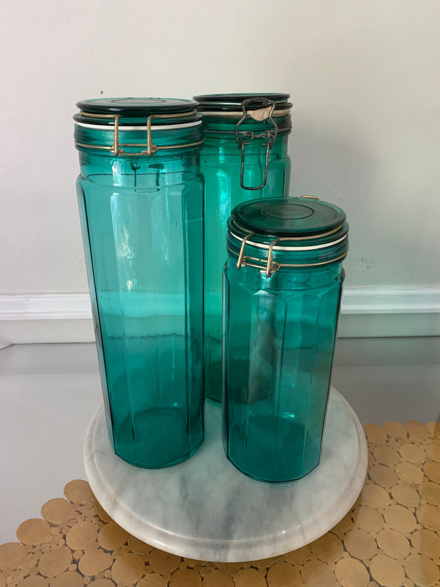 Set of 3  Retro Deep Turquoise Panelled Glass Canisters with Hinged Bail Locking Lids
