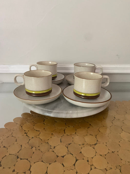 Retro Set of 4 Denby Potter's Wheel Yellow Stripe Cup and Saucer Set Made in England