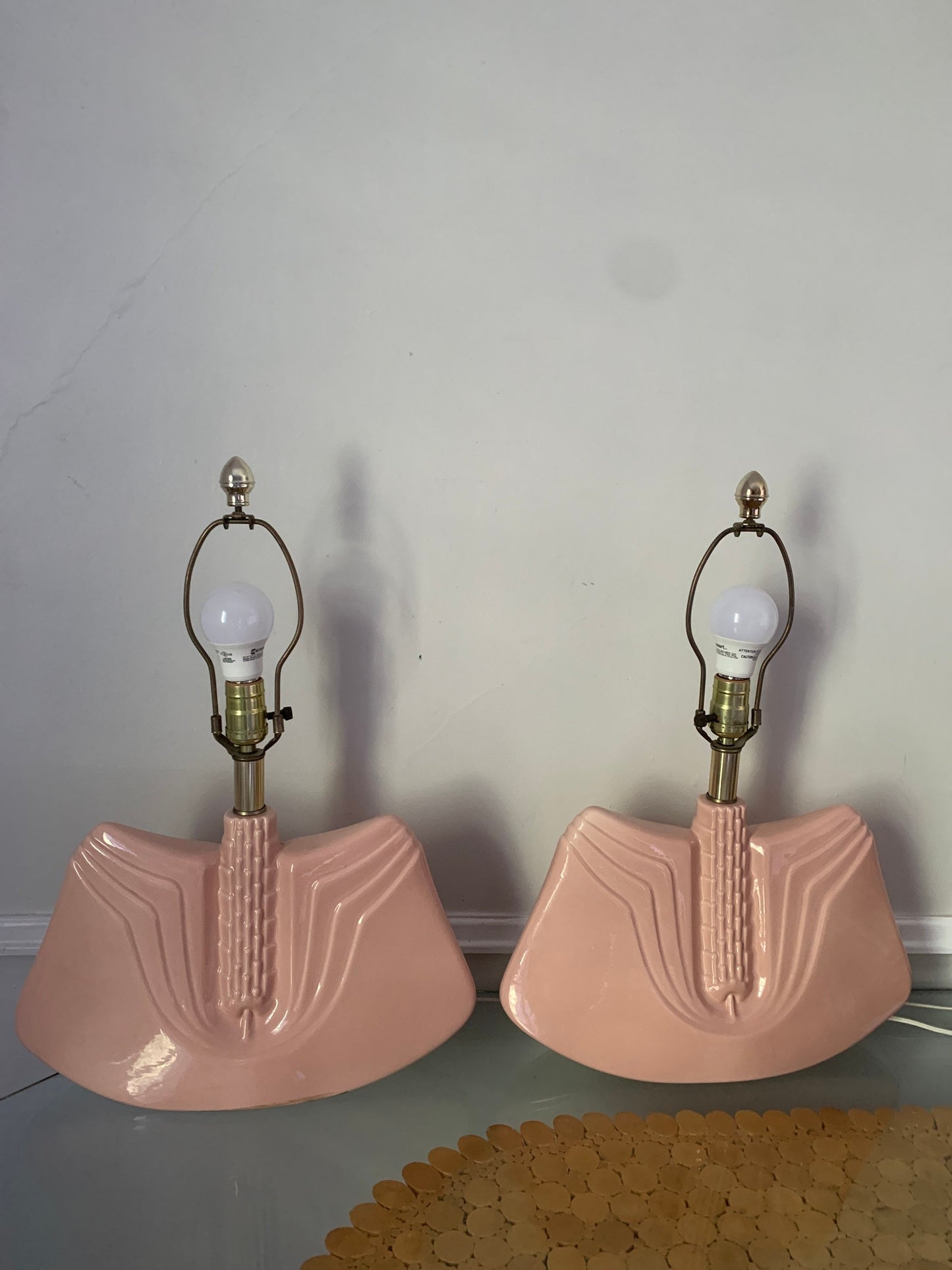 Pair of Retro Wide Art Deco Inspired Pink Ceramic Lamps No Shades