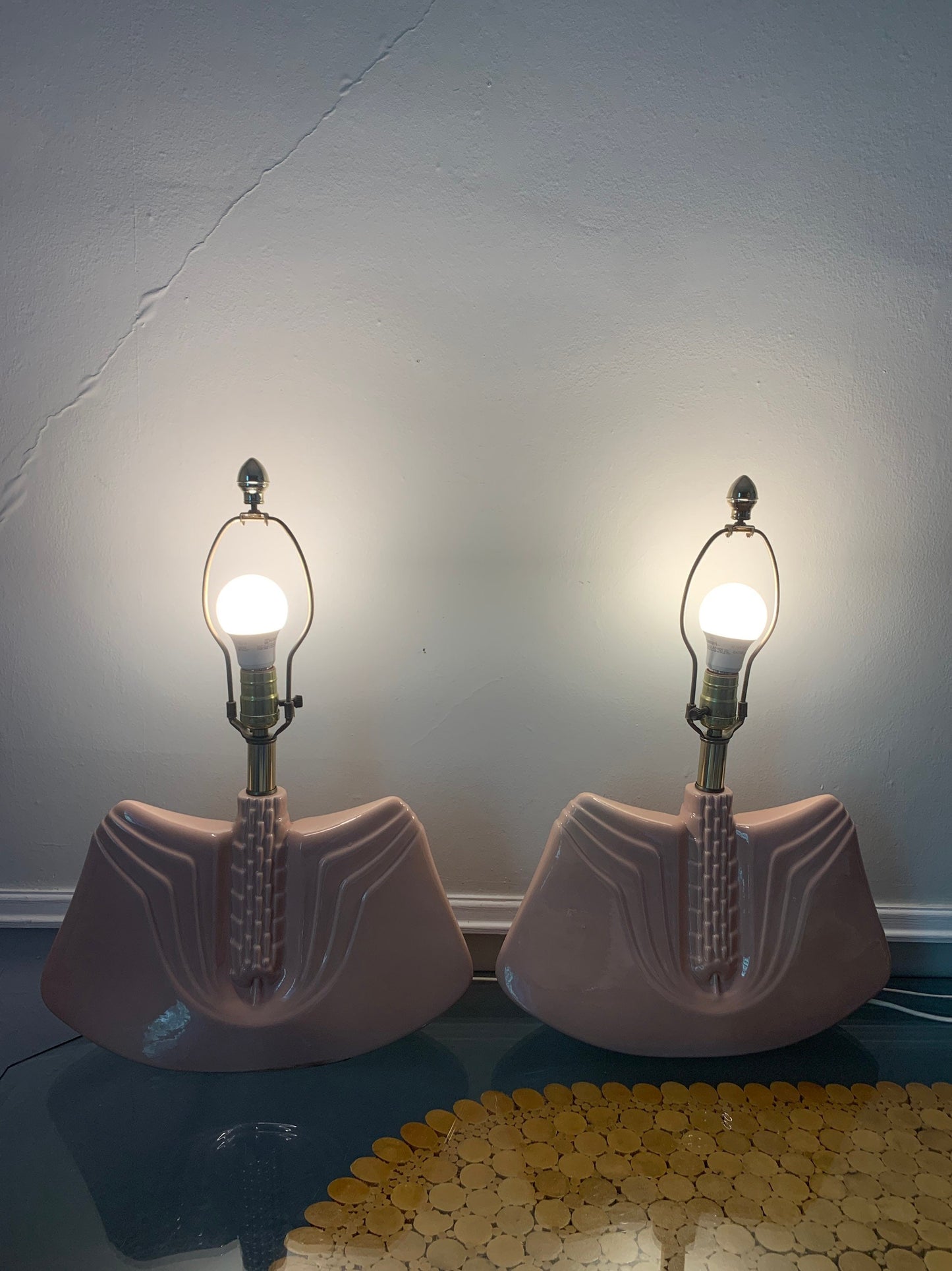 Pair of Retro Wide Art Deco Inspired Pink Ceramic Lamps No Shades