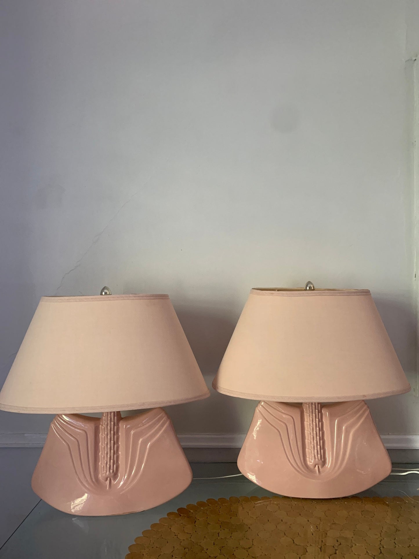 Pair of Retro Wide Art Deco Inspired Pink Ceramic Lamps No Shades