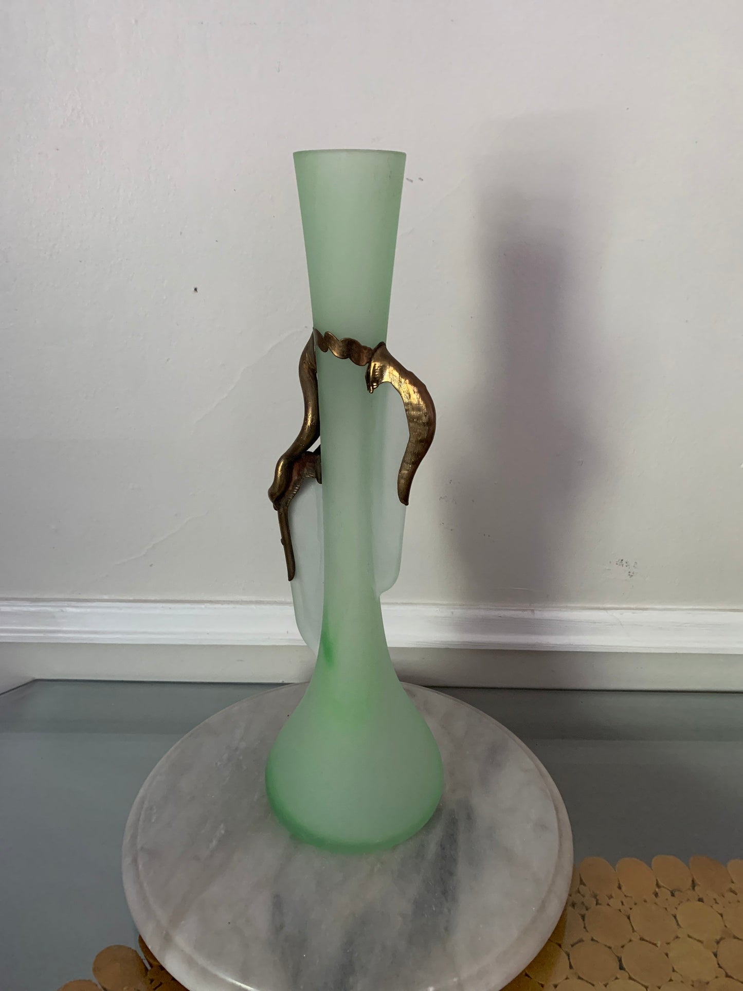 Retro Green Romblast Romanian Mouth Blown Glass Vase with Bronze Detail