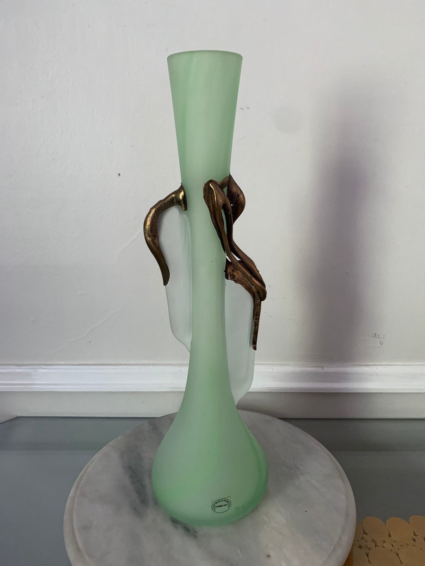 Retro Green Romblast Romanian Mouth Blown Glass Vase with Bronze Detail