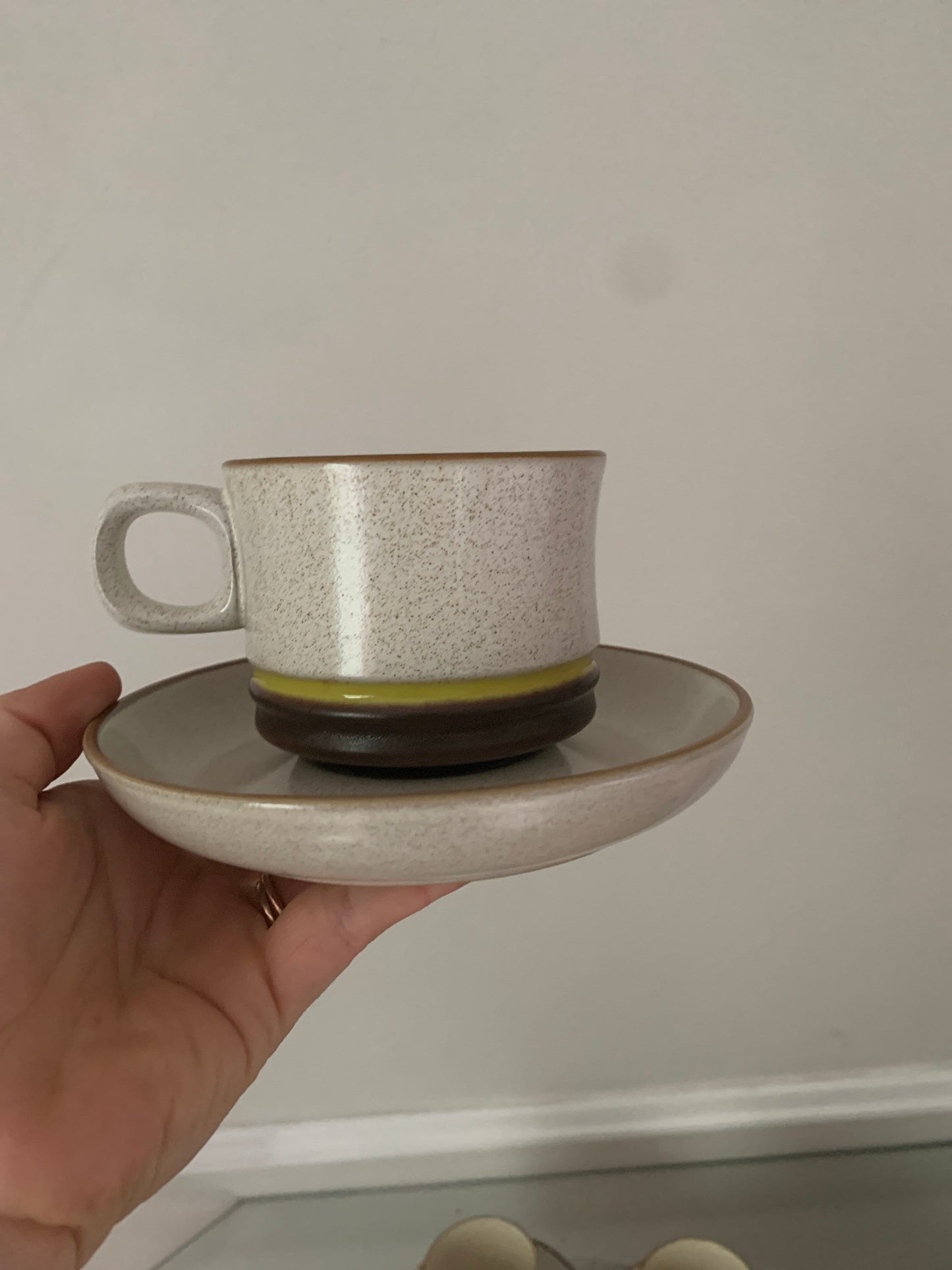 Retro Set of 4 Denby Potter's Wheel Yellow Stripe Cup and Saucer Set Made in England