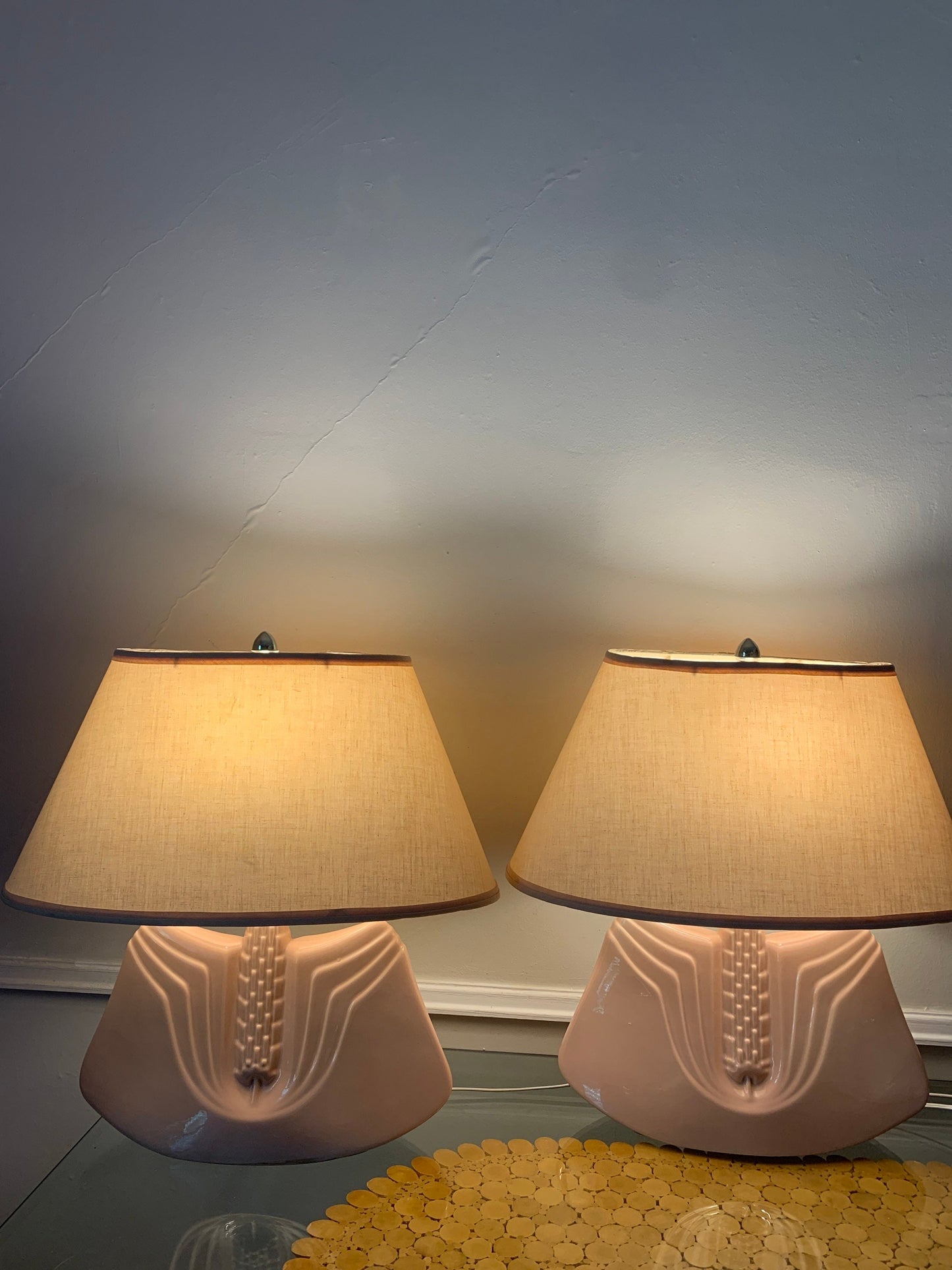 Pair of Retro Wide Art Deco Inspired Pink Ceramic Lamps No Shades