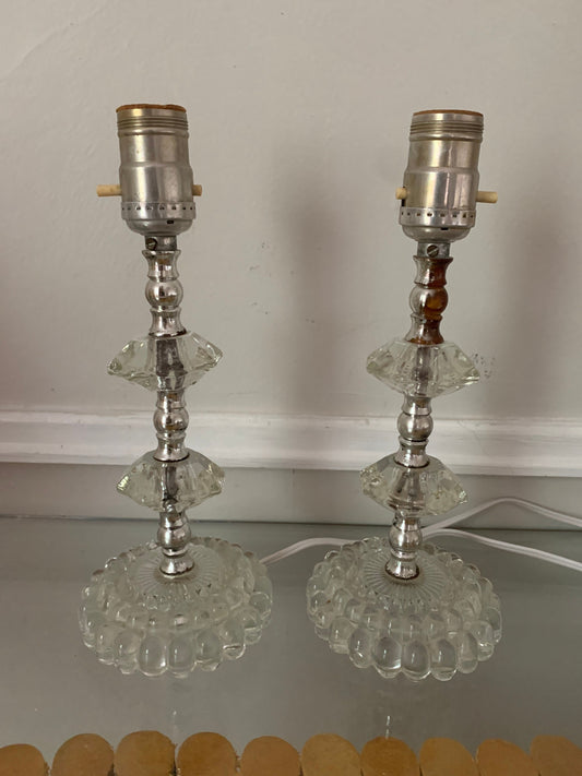 Pair of Vintage Small Clear Glass Cube Accent Table Lamp No Shades