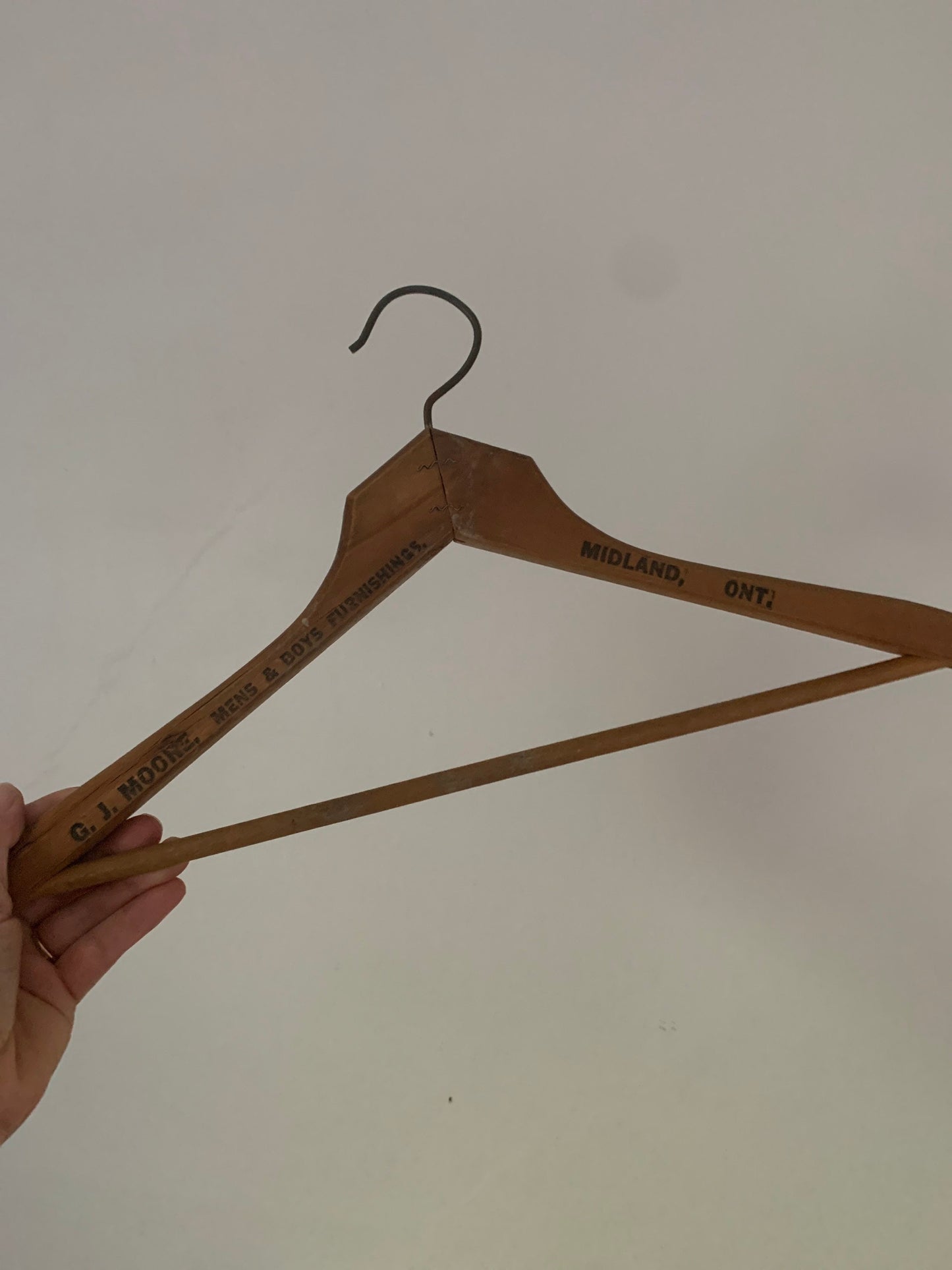Set of 6 Vintage Hard Wood Suit & Top Hangers with Business Names