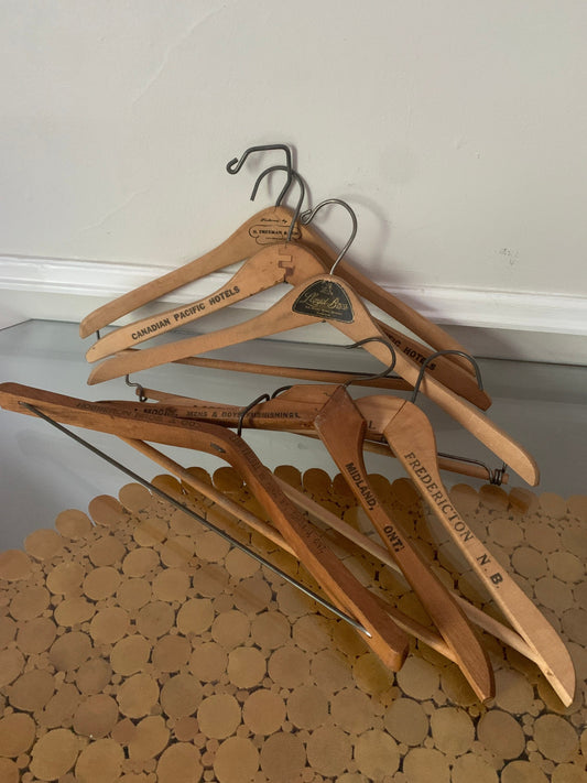 Set of 6 Vintage Hard Wood Suit & Top Hangers with Business Names