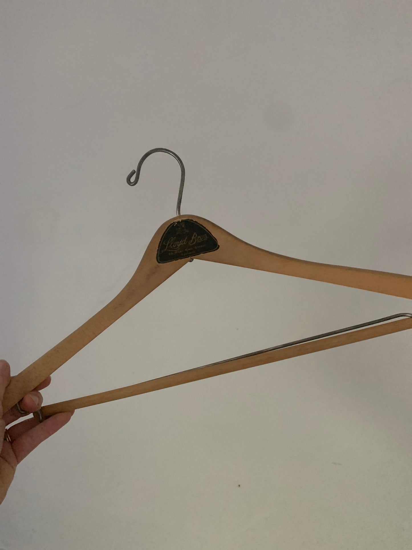 Set of 6 Vintage Hard Wood Suit & Top Hangers with Business Names