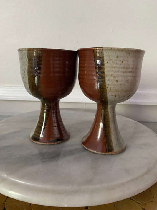 Set of 2 Handmade Vintage Brown Stoneware Speckled Pottery Goblets