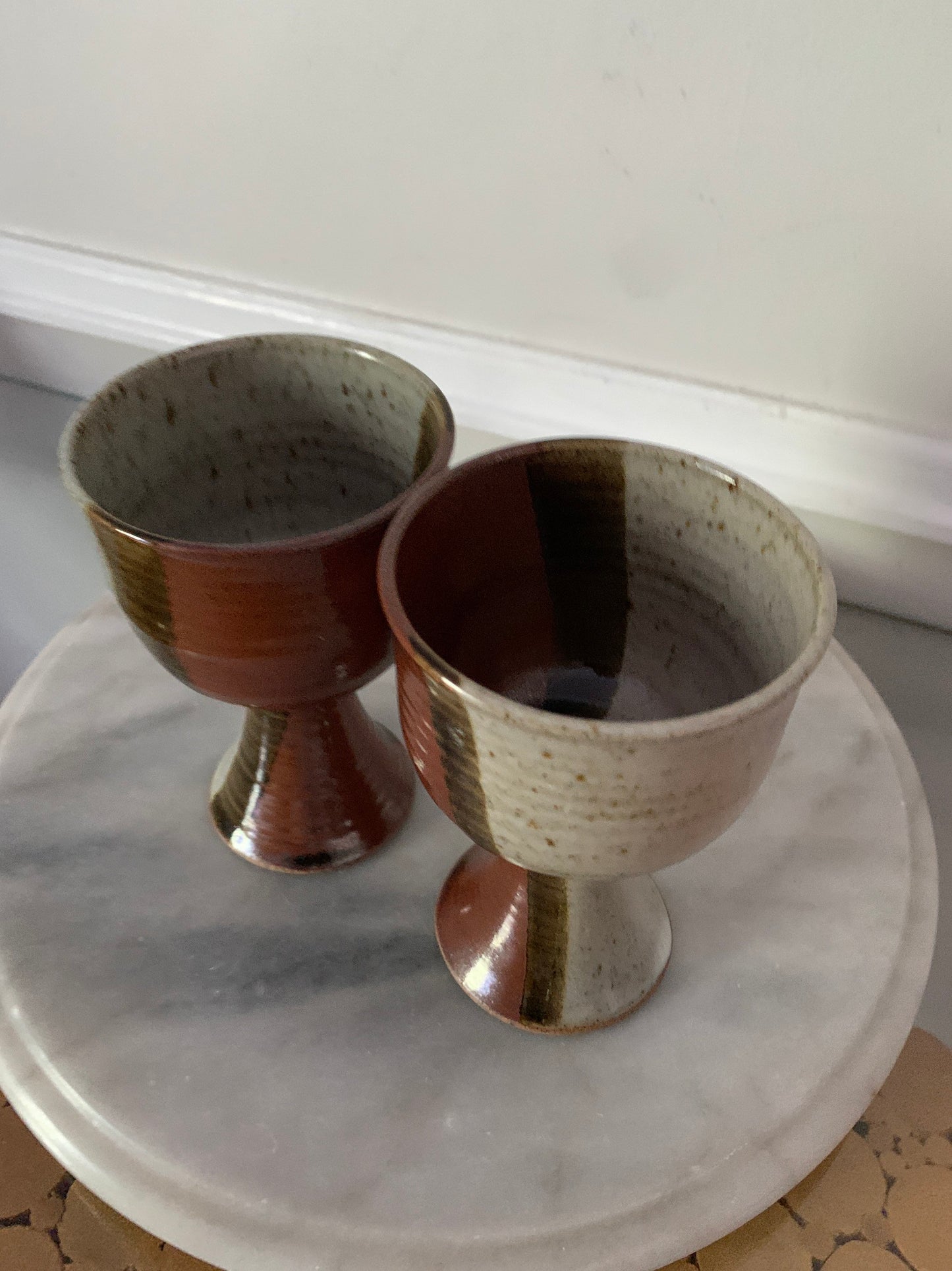 Set of 2 Handmade Vintage Brown Stoneware Speckled Pottery Goblets