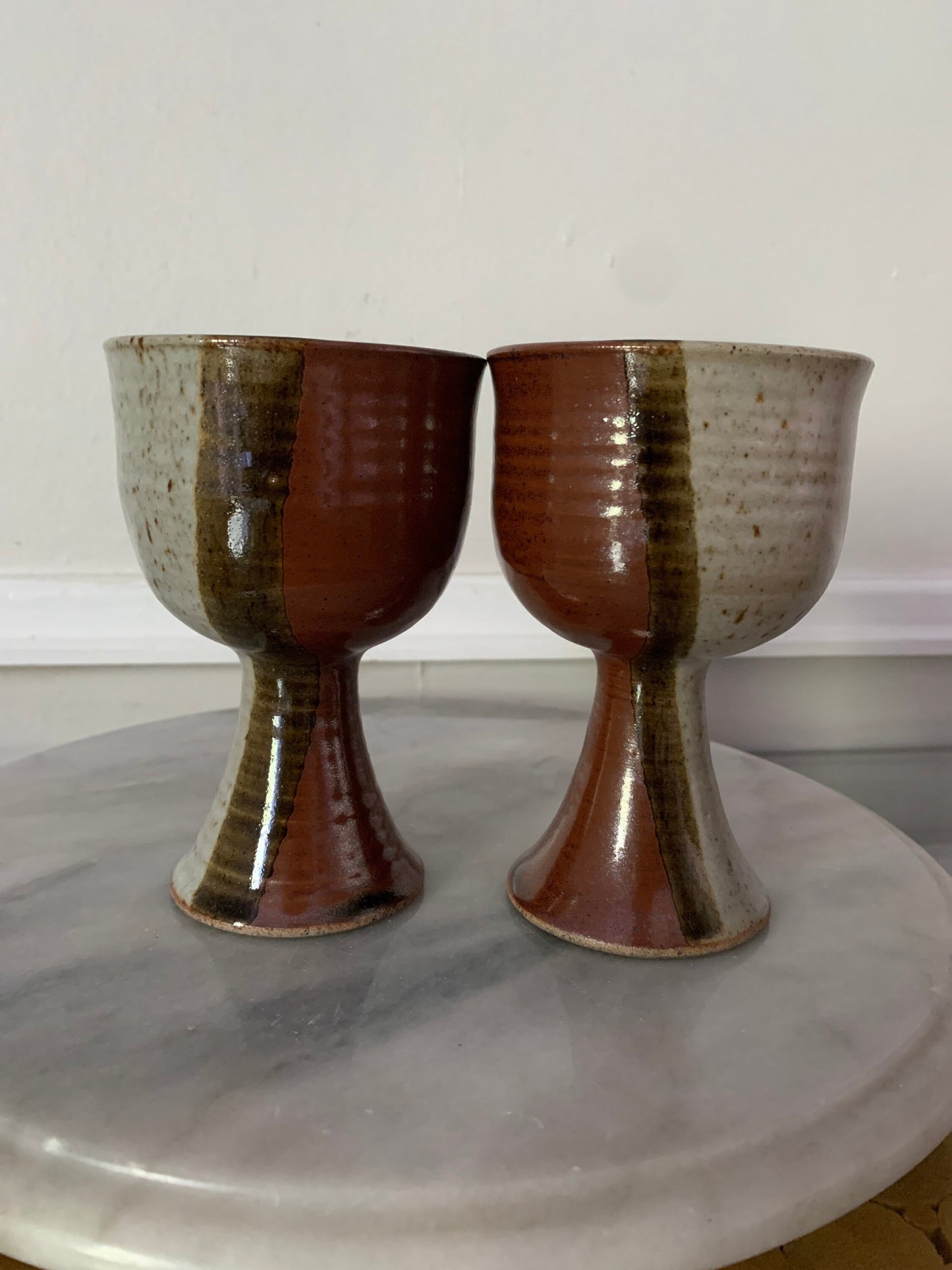 Set of 2 Handmade Vintage Brown Stoneware Speckled Pottery Goblets