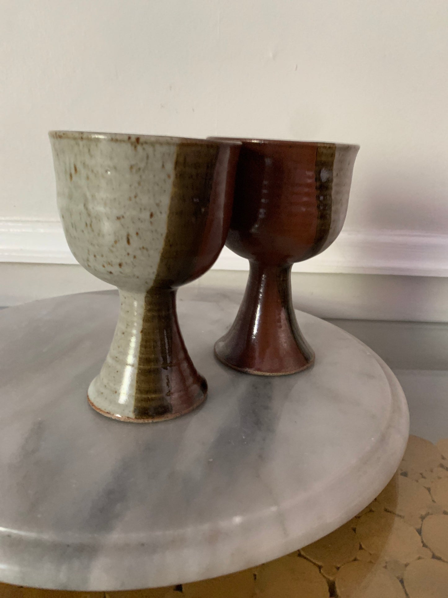 Set of 2 Handmade Vintage Brown Stoneware Speckled Pottery Goblets