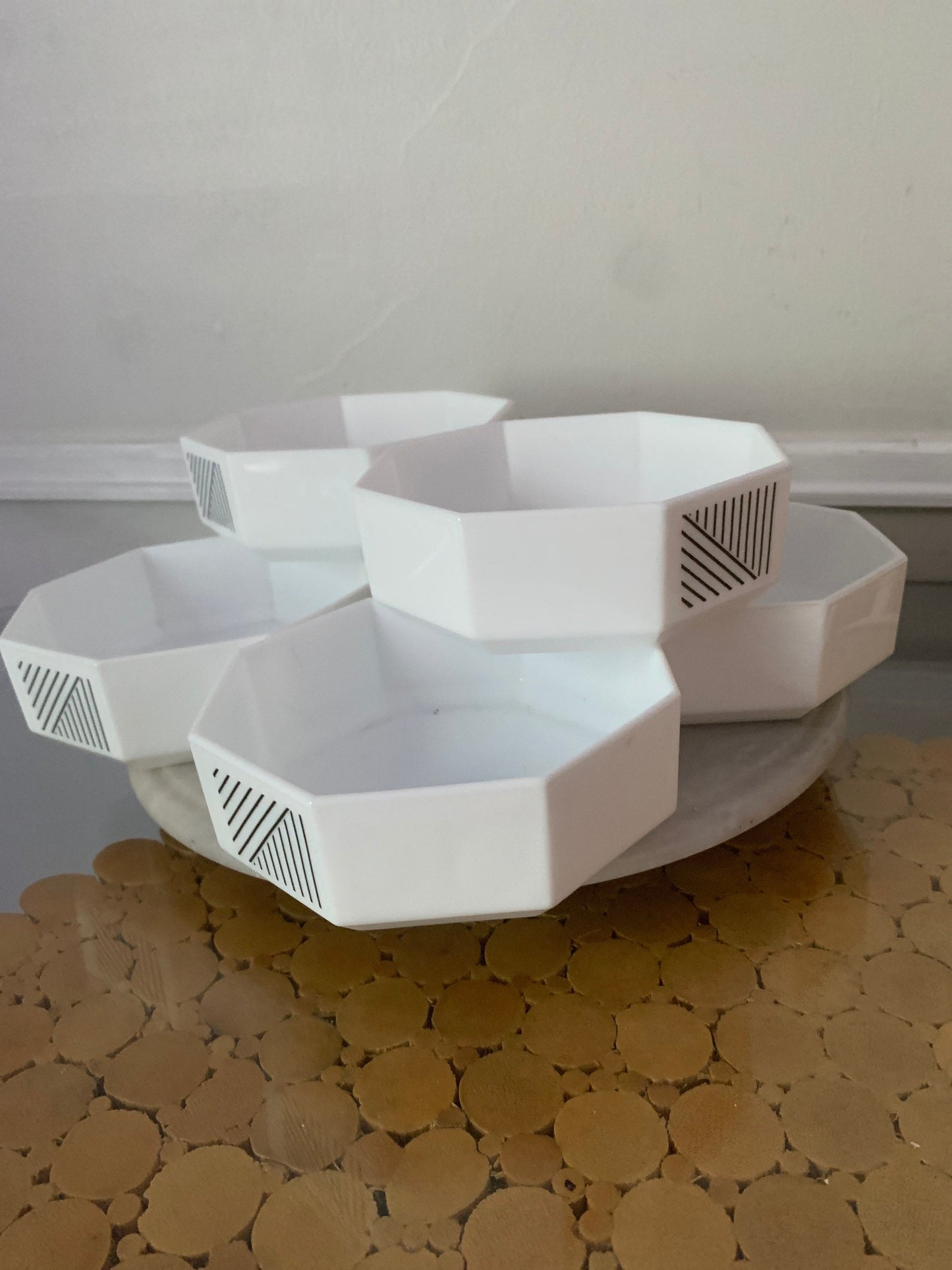 Retro Set of 6 Arcopal Octagonal White and Black Stripe Glass Bowl Set Made in France
