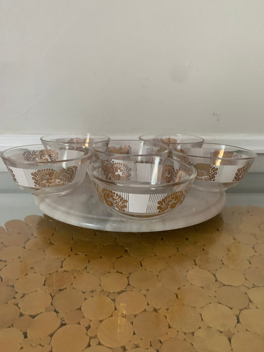 Set of 6 MCM Small Glass Serving Bowl with Gold Paisley and White Stripes