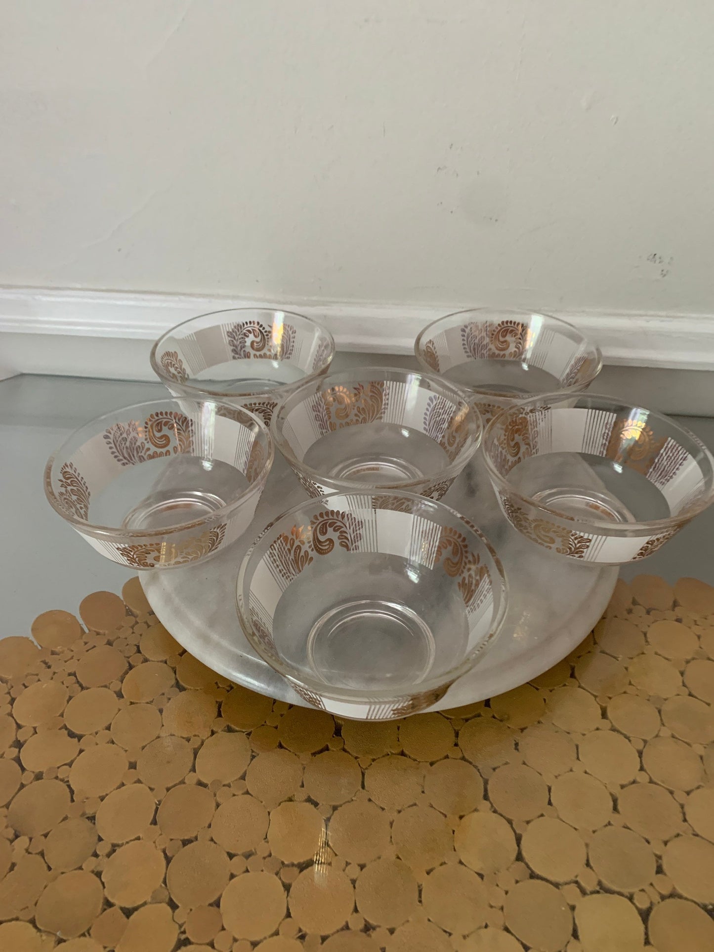 Set of 6 MCM Small Glass Serving Bowl with Gold Paisley and White Stripes