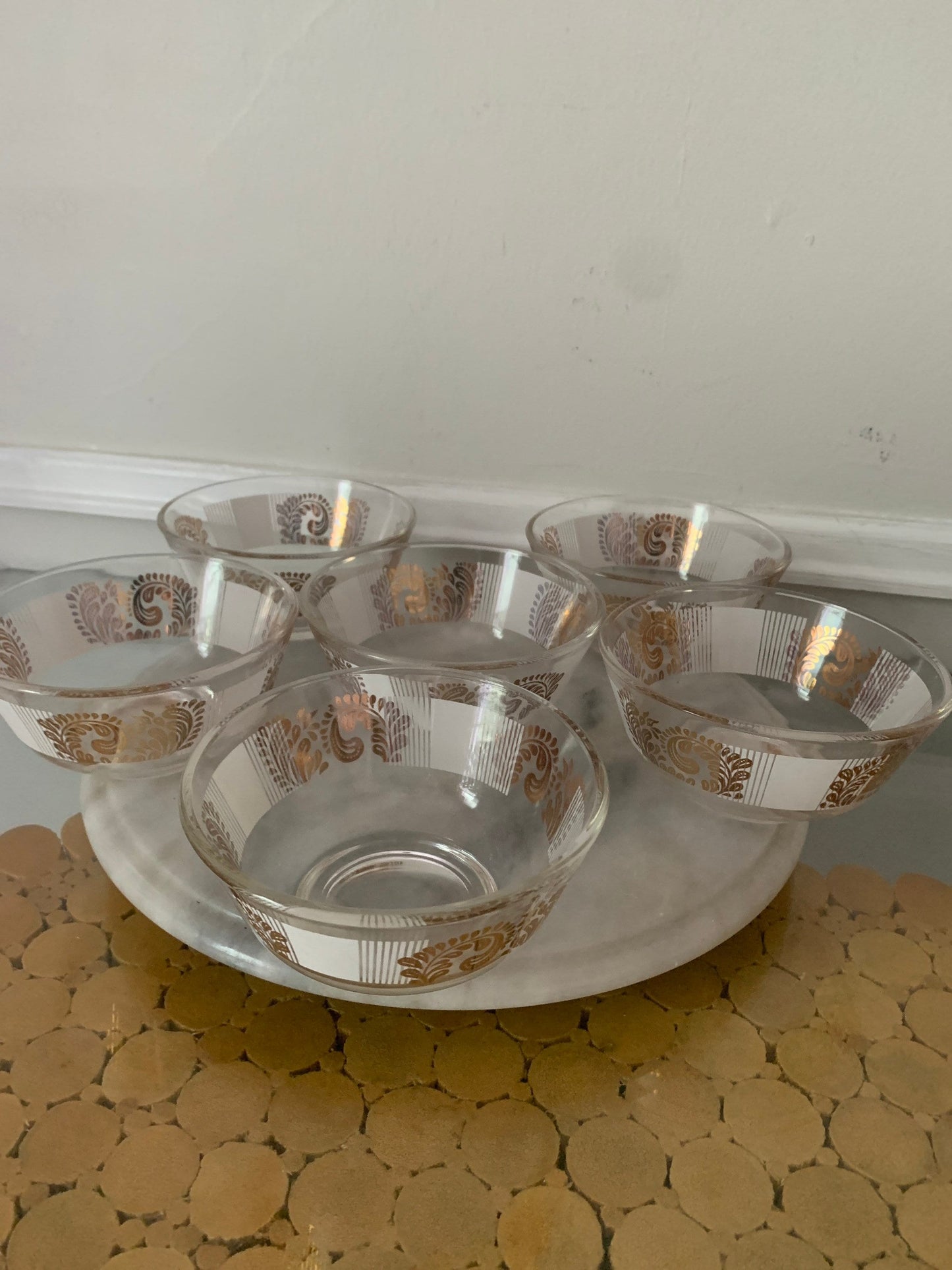 Set of 6 MCM Small Glass Serving Bowl with Gold Paisley and White Stripes