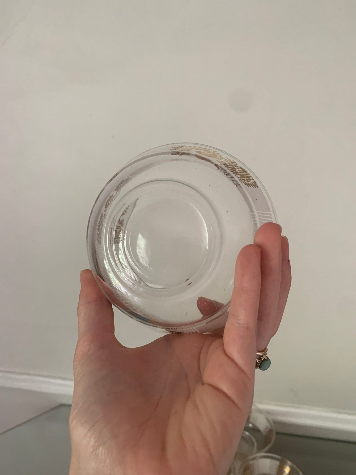 Set of 6 MCM Small Glass Serving Bowl with Gold Paisley and White Stripes