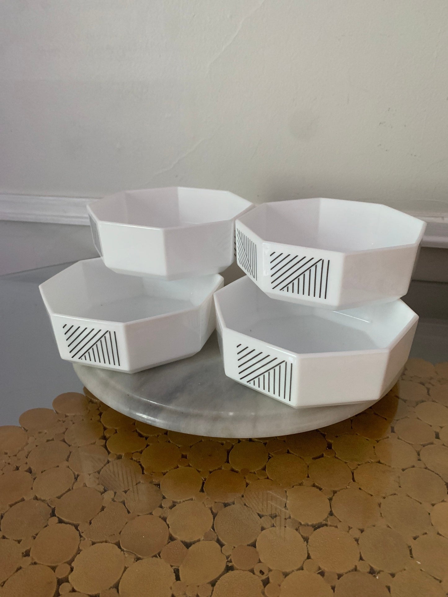 Retro Set of 6 Arcopal Octagonal White and Black Stripe Glass Bowl Set Made in France