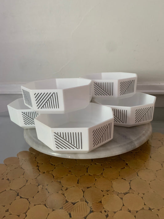 Retro Set of 6 Arcopal Octagonal White and Black Stripe Glass Bowl Set Made in France