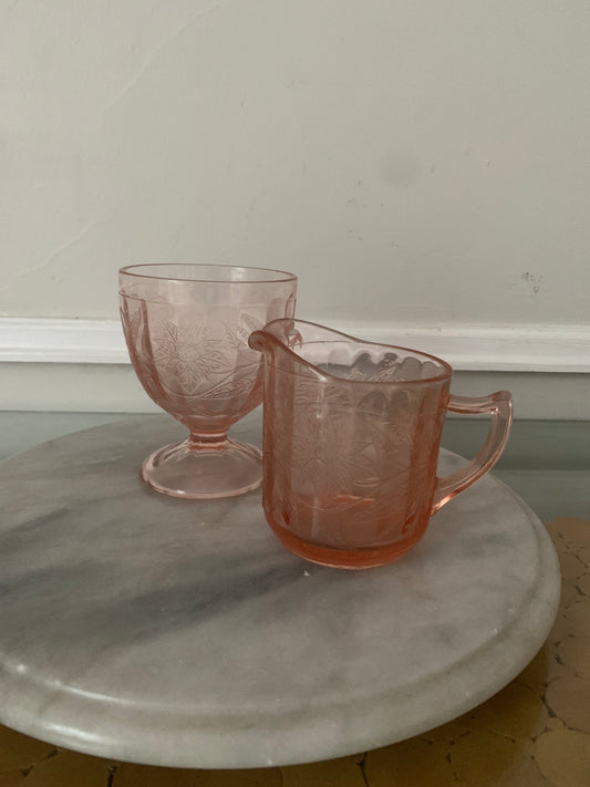 Vintage Etched Clear Pink Cream and Sugar Set