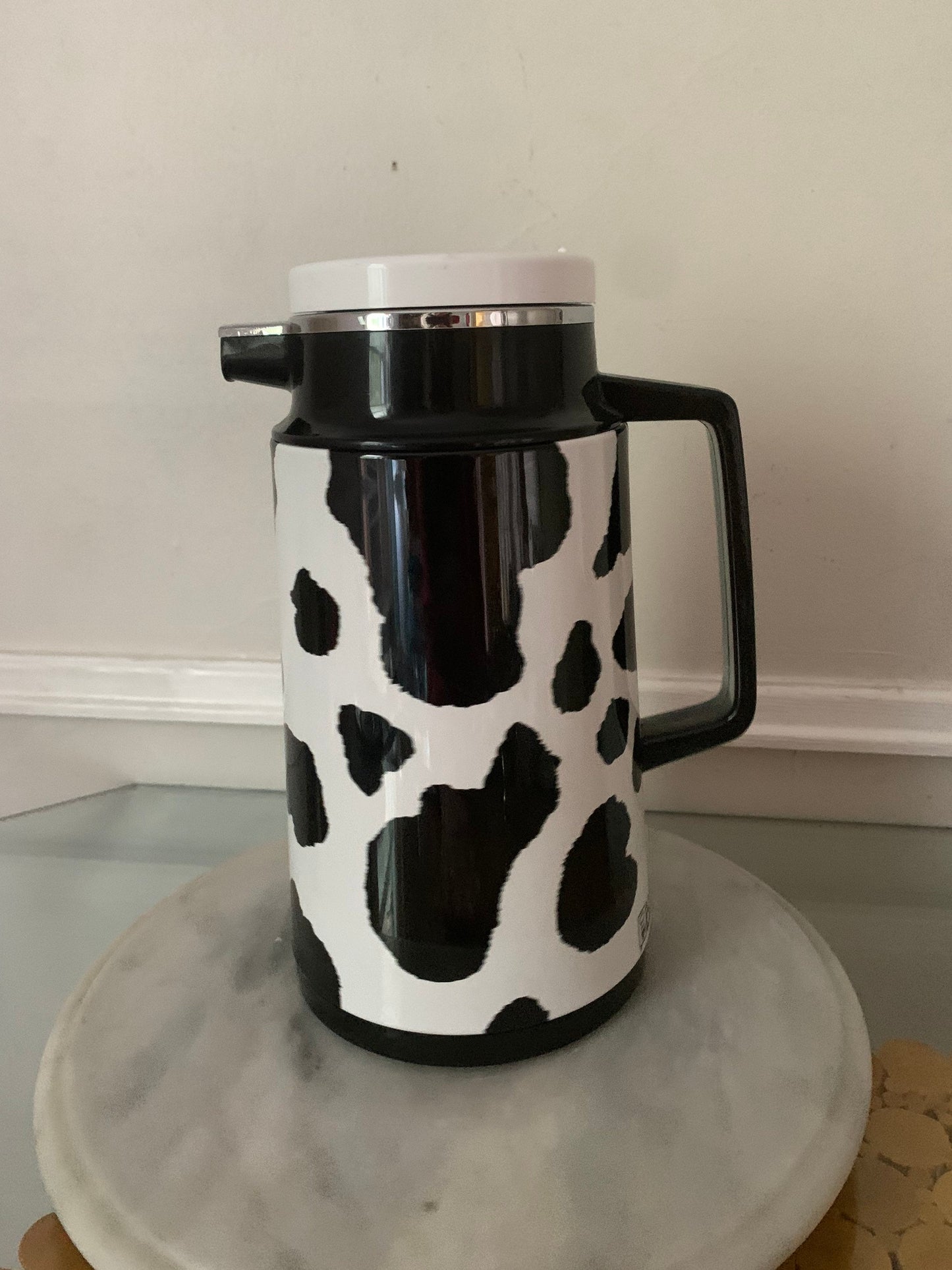 Retro A.K. Das & Company Stainless Cow Print Hot/Cold Thermos Carafe Made in Taiwan