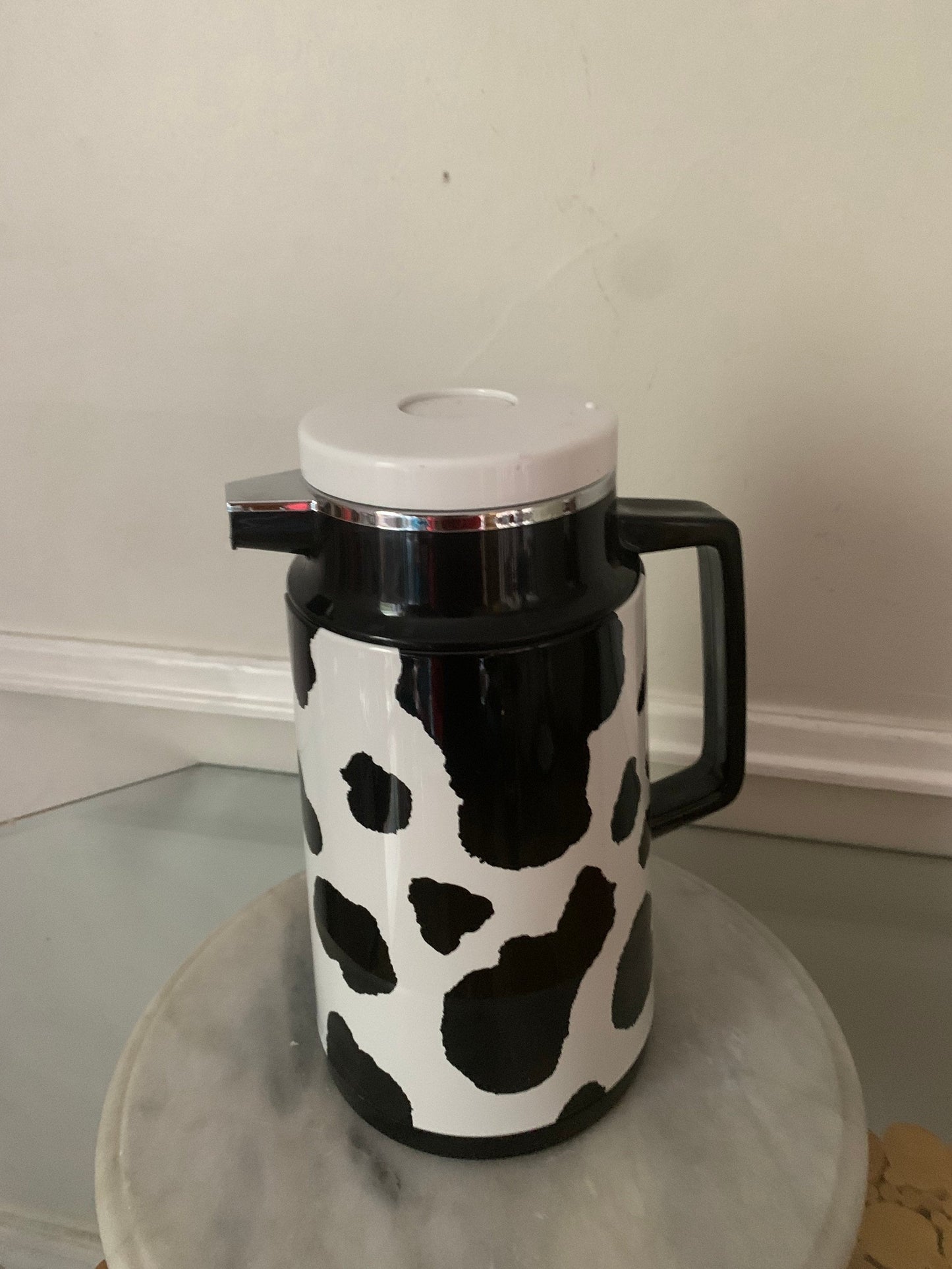 Retro A.K. Das & Company Stainless Cow Print Hot/Cold Thermos Carafe Made in Taiwan