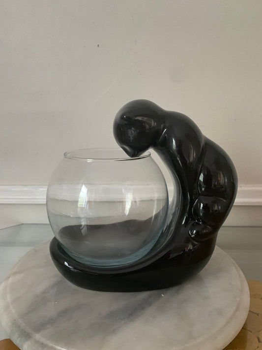 Retro Vandor Pelzman Black Ceramic Cat with Clear Glass Fish Bowl