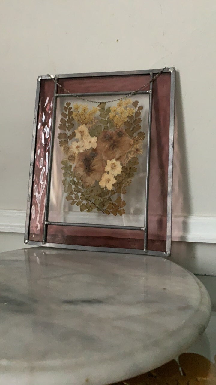 Medium Dried Flowers in Stained Glass Wall Hanging