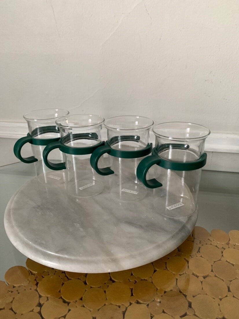 Retro Set of 4 Clear Glass Bodum Mugs with Forrest Green Handle
