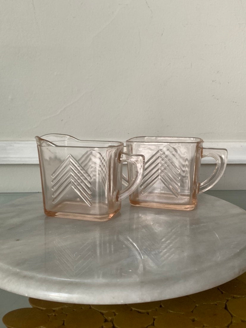 Vintage Hazel Atlas Chevron Pattern Pink Depression Glass Cream & Sugar Bowl