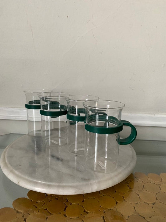 Retro Set of 4 Clear Glass Bodum Mugs with Forrest Green Handle
