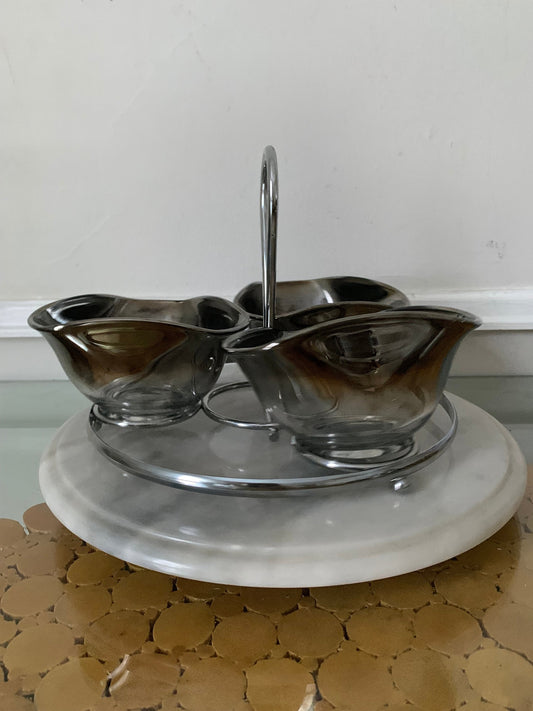 Set of 4 MCM Chrome Fade Serving Bowls with Chrome Caddy